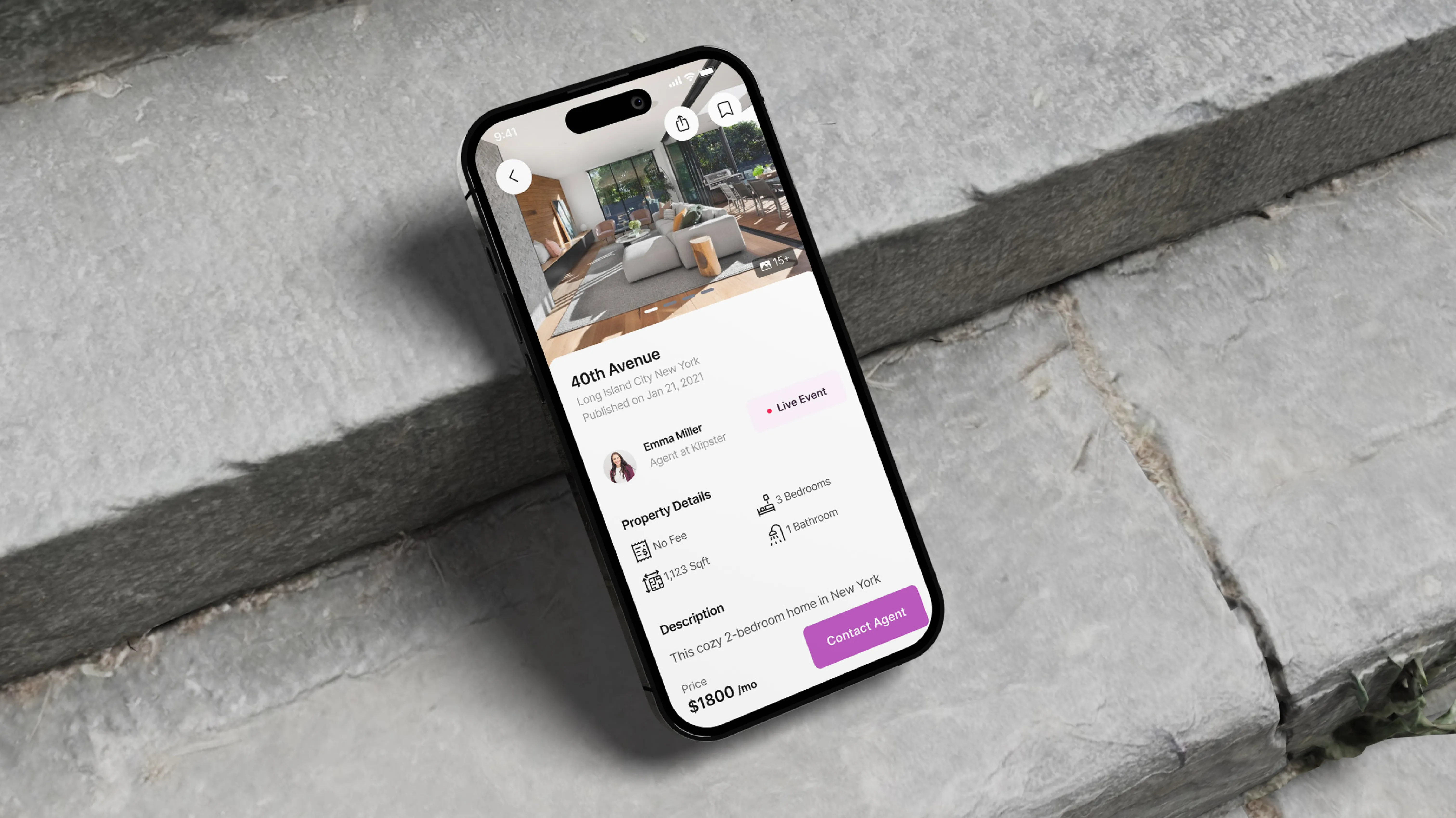 Klipster property detail view with agent profile and live event