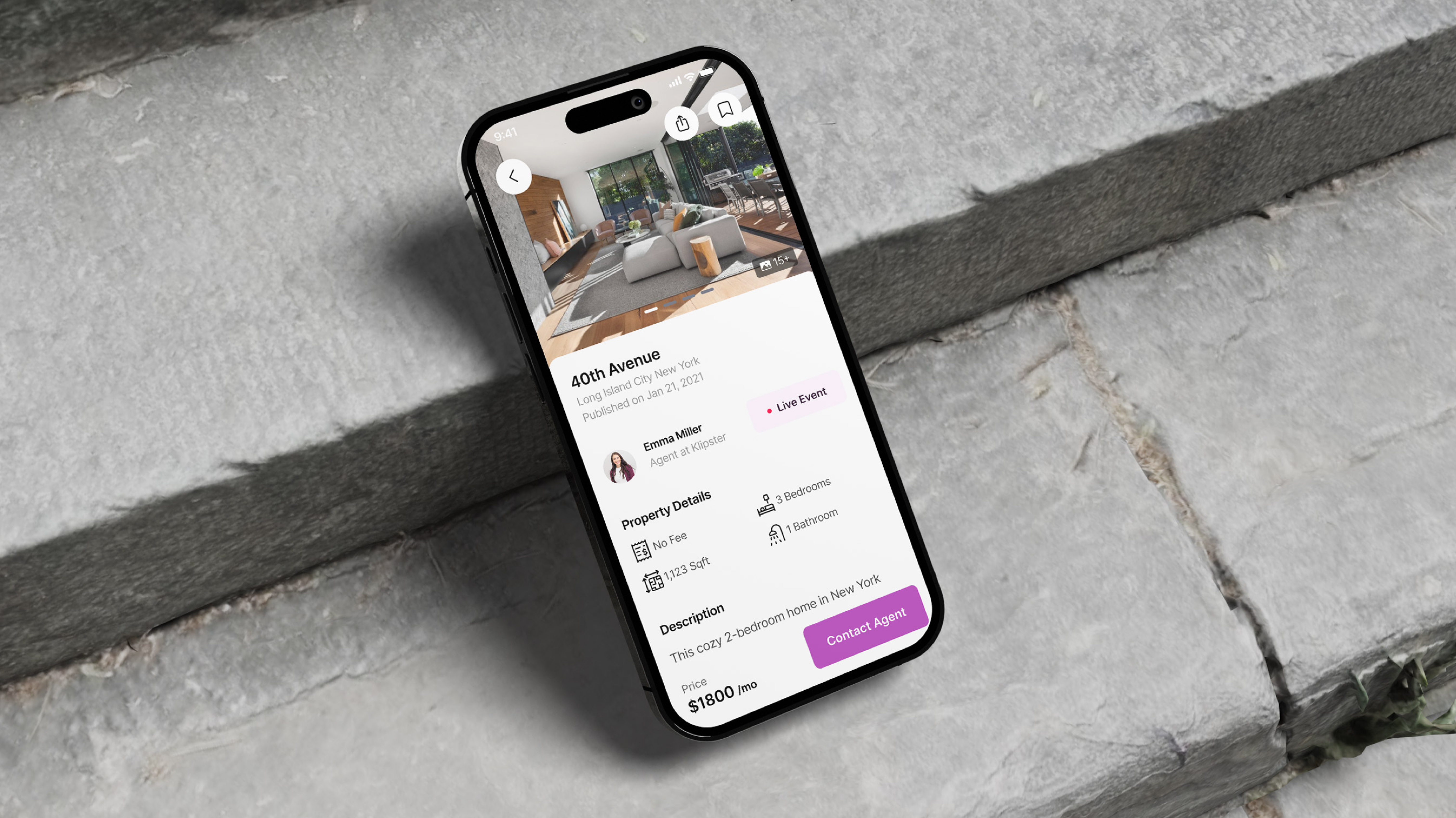 Klipster property detail view with agent profile and live event