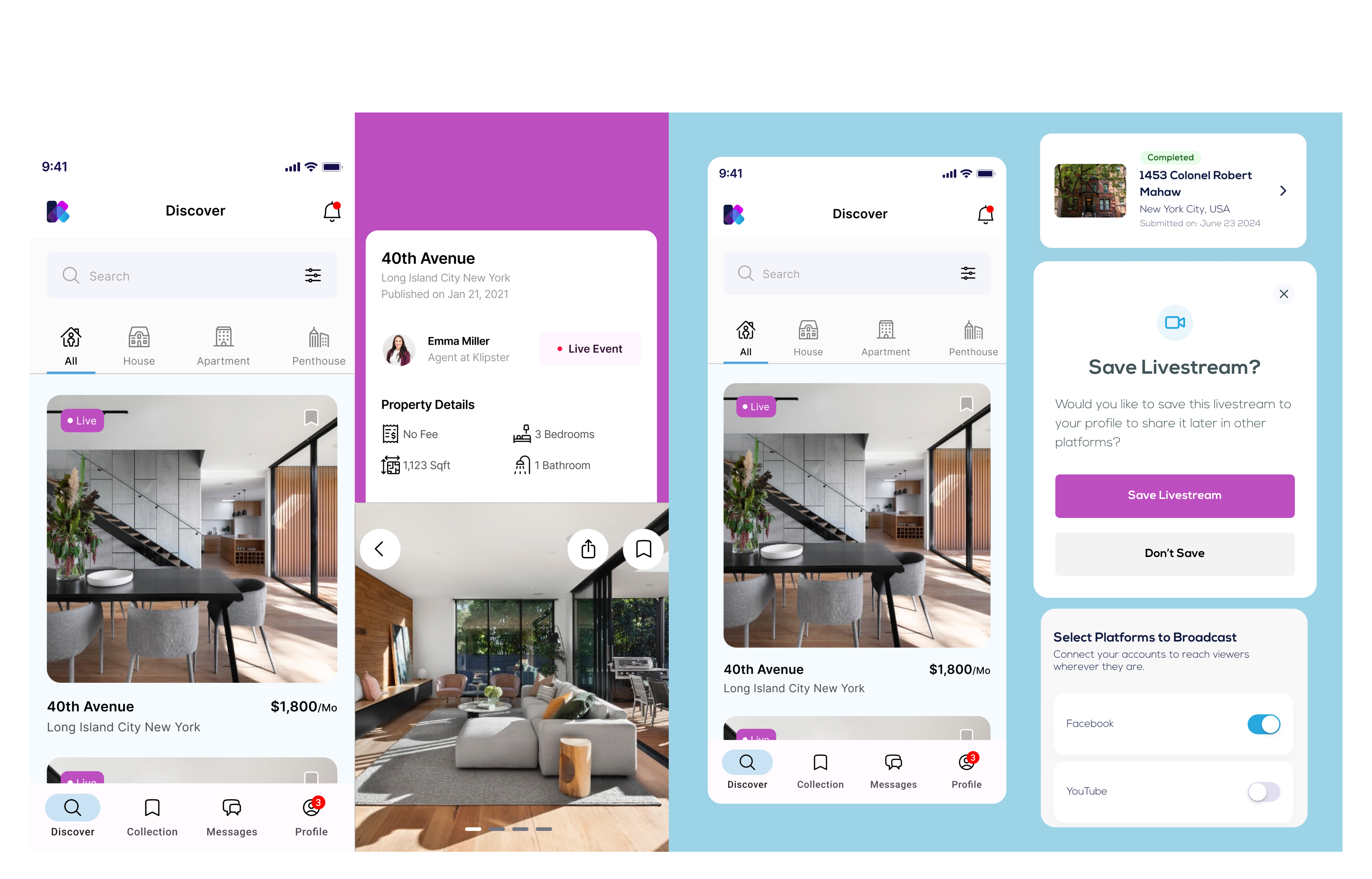 Klipster app — property discovery, live streaming, and simulcasting