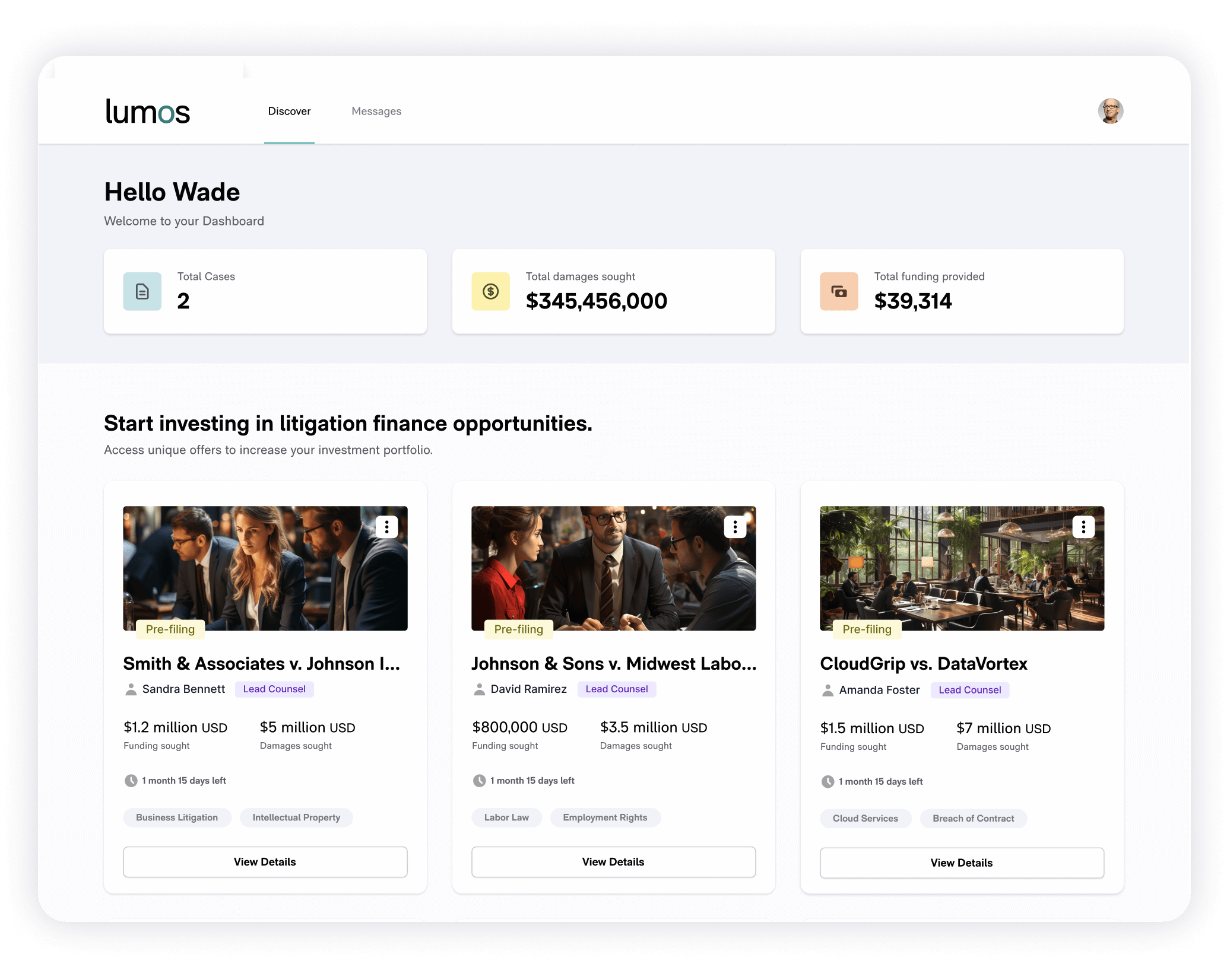 Lumos investor dashboard — curated case opportunities and deal flow