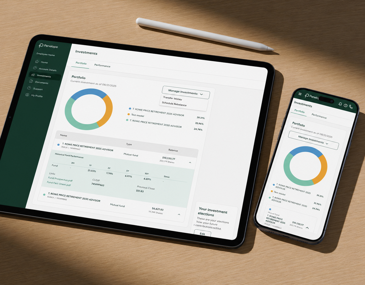 Penelope Investments screen — responsive layout on iPad and iPhone showing portfolio allocation and fund performance