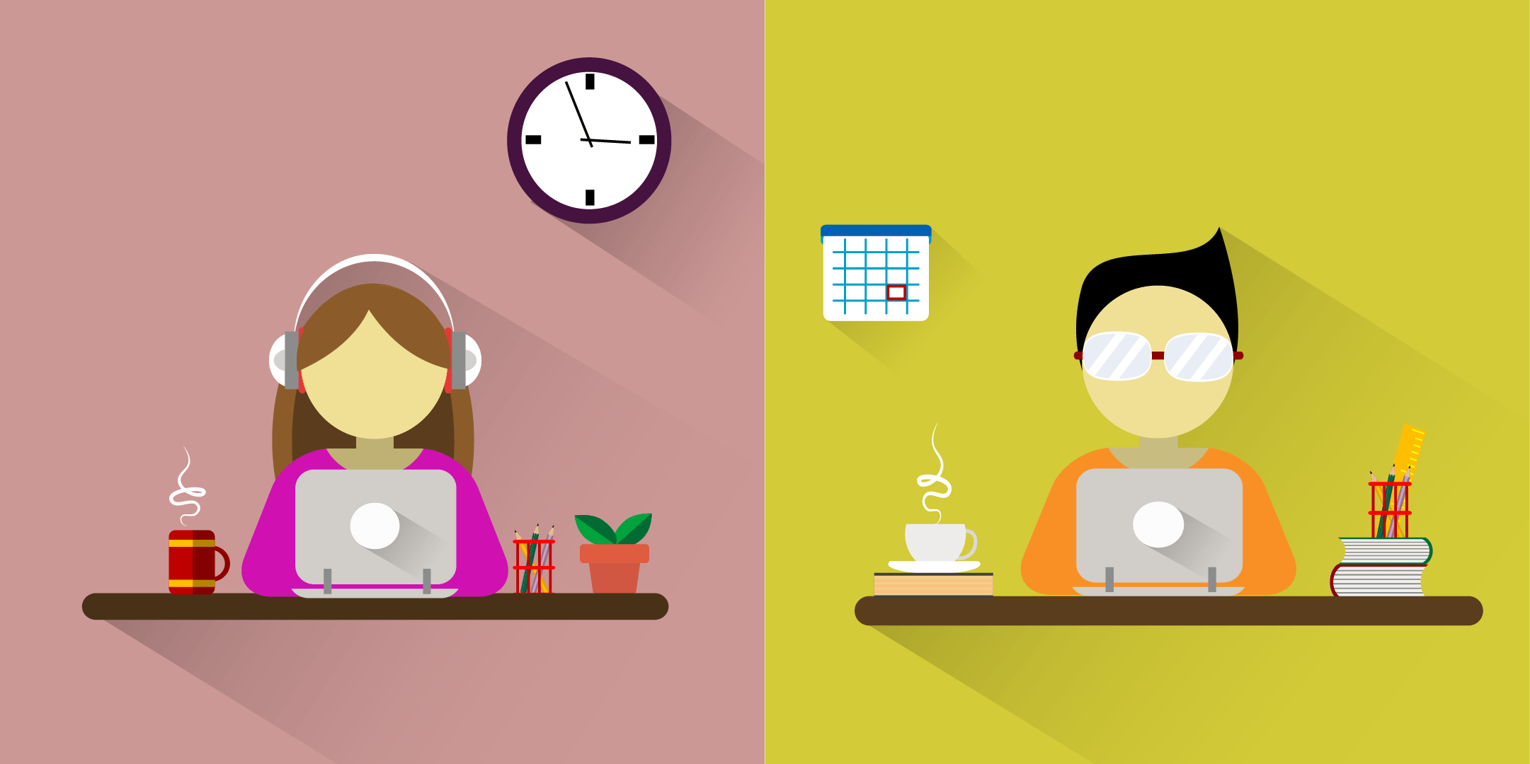 Flat graphic design about one woman and one man working on a desk with different background, colors, and decoration